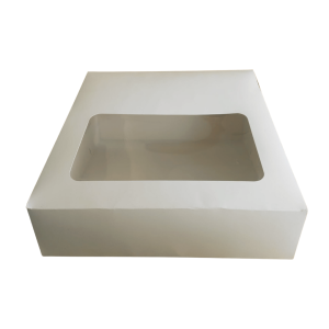 Caja caple blanco para cheesecake con ventana de 34 x 34 x 8.5 cm. 50 Pzs.