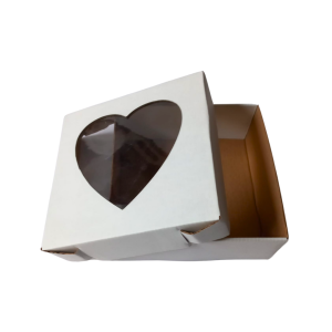 Caja blanca base-tapa con ventana de corazón de 20 x 20 x 7 cm. 50 Pzs.