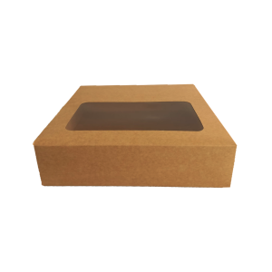 Caja caple kraft para cheesecake con ventana de 34 x 34 x 8.5 cm. 50 Pzs.