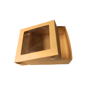 Caja caple kraft base - tapa con ventana cuadrada de 20 x 20 x 7 cm. 50 Pzs.