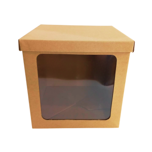 Caja  de regalo kraft base - tapa con ventana cuadrada de 25 x 25 x 25 cm. 50 Pzs.